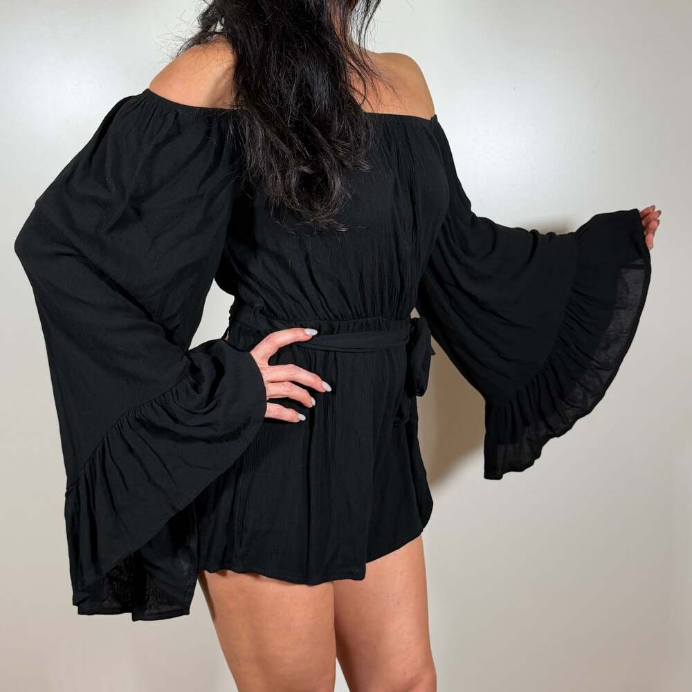 Missguided Black Bardot Flare Sleeve Romper Playsuit
